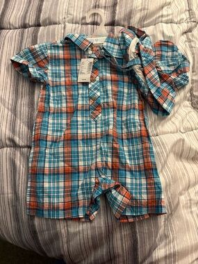 Carter's Blue and Orange Plaid Short Sleeve One-Piece